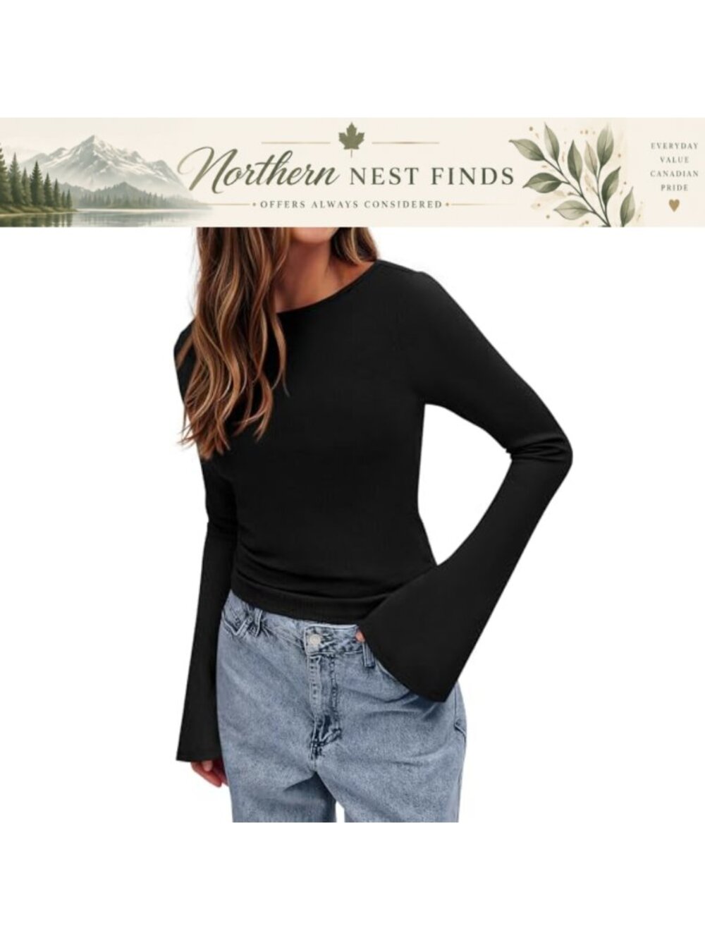 Women's Bell Sleeve Boat Neck Fitted Knit Top Ruched Y2K Shirt